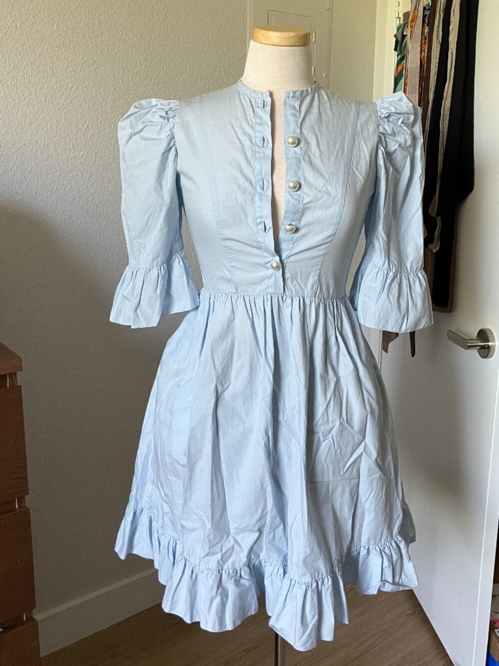 Batsheva Pearl-Button Light Blue Prairie Dress